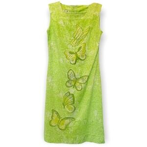 Vintage 60s Lime Green Sleeveless Knit Shift Dress with Butterflies